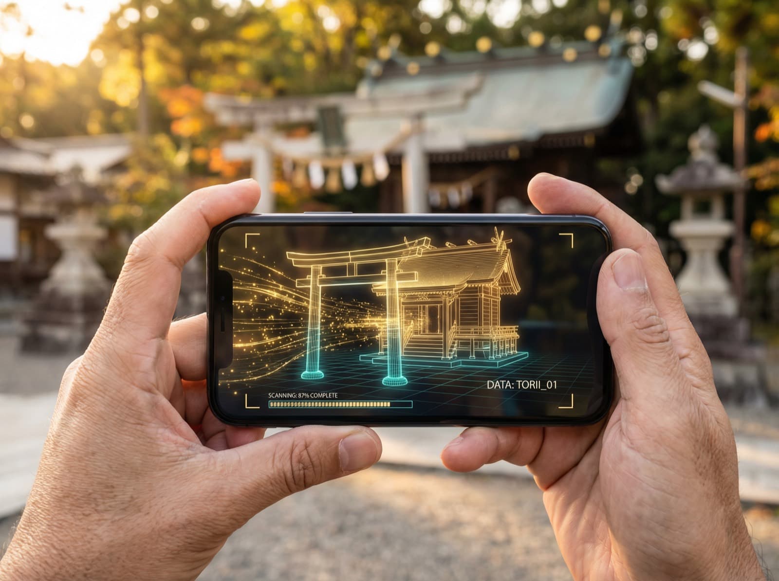 A visitor 3D-scanning the shrine buildings with a smartphone